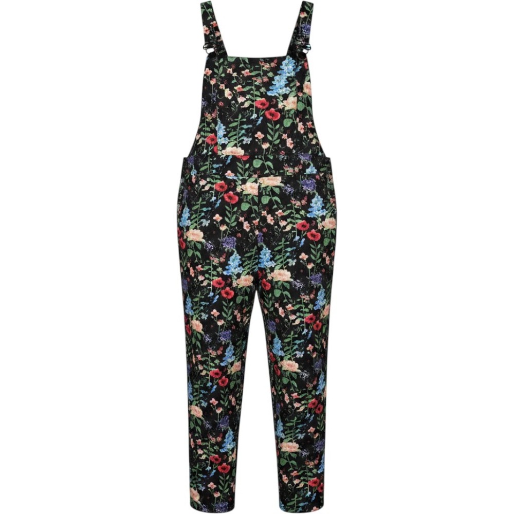 Floral Print Pinstripe Wide Leg Jumpsuit Overall Style Black Size Large